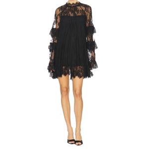 Lizxun Women Lace Sheer Dress, Sexy Long Sleeve Crew Neck Cocktail Mini Short Dress (Black, S) (S)