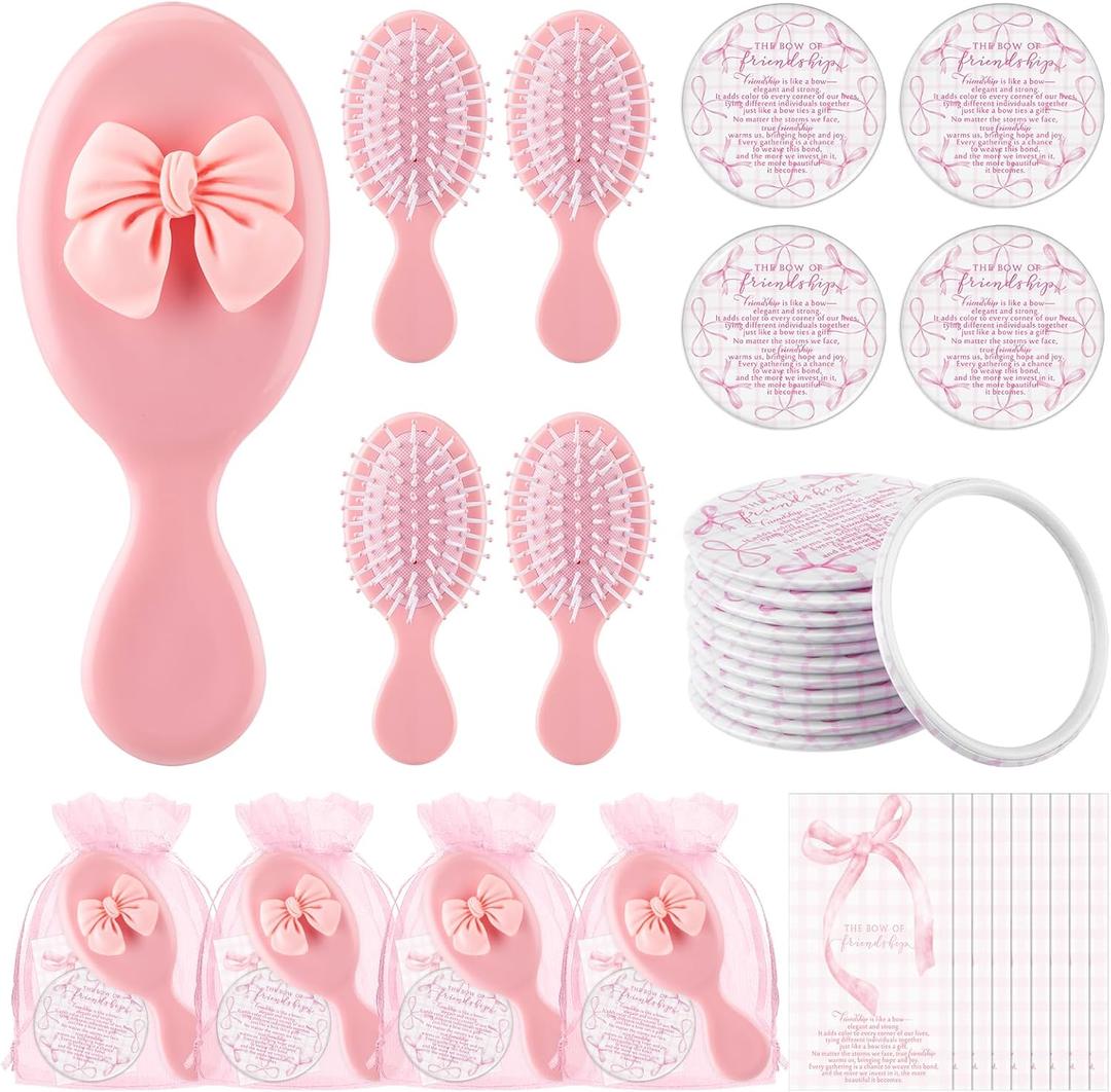 Mimorou 20 Sets Friendship Gifts Bulk Coquette Bow Hairbrushes Mirrors Cards with Bags for Galentines Party Favors Girls Trip Weekend Bachelorette Pink Friends Gifts