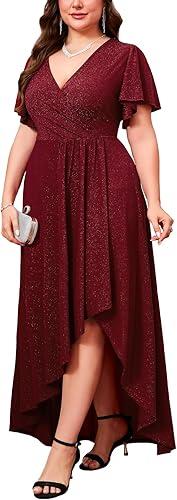 ZOMVA Plus Size 1X-4X Sparkly Glitter Formal Maxi A Line Dress Sparkle Wrap Ruffle Sleeve Prom Dresses Cocktail Evening Gown, XL