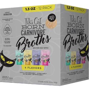 Tiki Cat Born Carnivore Broths Variety Pack, Meaty Bites, Hydration and Flavor Supplement Wet Cat Food Topper, 1.3 oz. Pouch (Pack of 12)