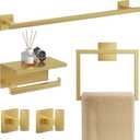TQKAG 5-Pieces Brushed Gold Bathroom Hardware Accessories Set 23.6" SUS304 Stainless Steel Towel Bar Set Wall Mounted Square Toilet Paper Holder with Shelf
