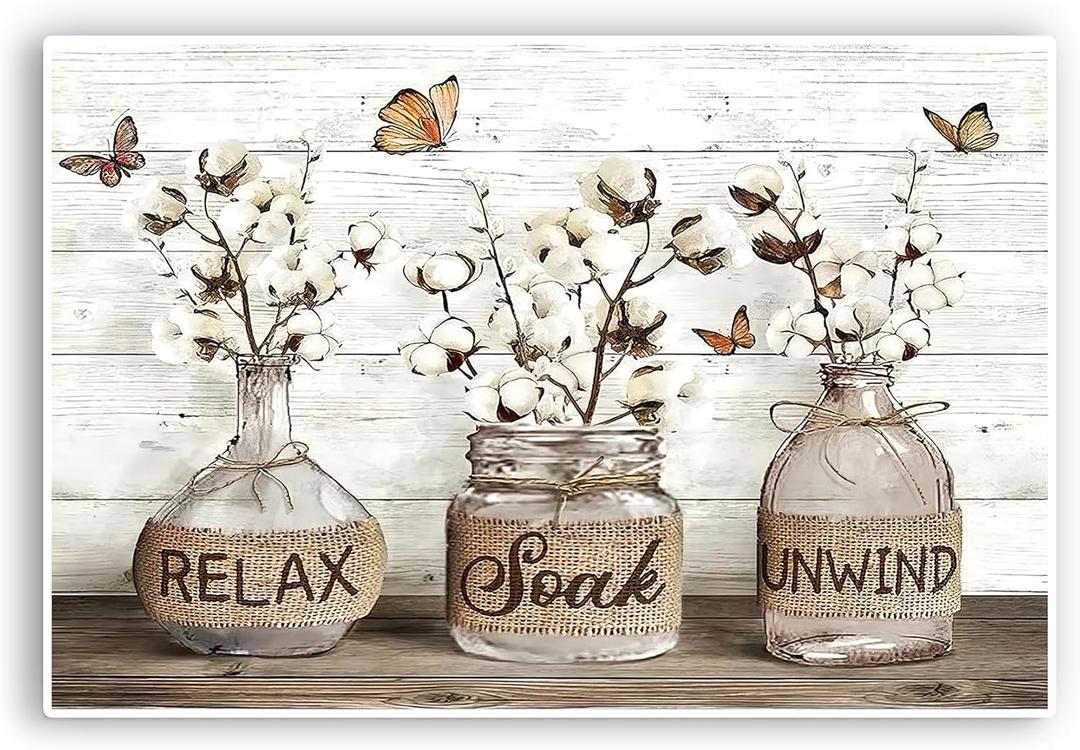 BJVJKSU Farmhouse Bathroom No Frame Poster Rustic Cotton Flower Unframed Canvas Wall Art Relax Soak Unwind Sign Painting Print Wall Decor Vintage Picture Artwork Decor(16x24in Unstretched Canvas)
