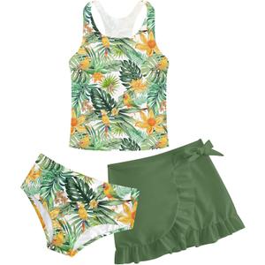 Cutemile 5-14 Years Girls Swimsuit 3 Piece Bathing Suit Quick Dry Tankini Set with Cover Up Beach Skirt Swimwear (6-7 Years, Tropical Holidays)