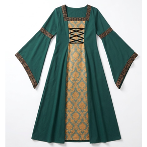Renaissance Medieval Costume Dress Green Damask Bell Sleeve (Size Medium, Renfaire)