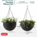 Keter Resin Rattan Set of 2 Round Hanging Planter Baskets for Indoor and Outdoor Plants-Perfect for Porches and Patio Decor, Graphite, Medium