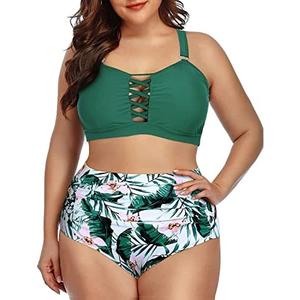 Daci Women Plus Size Two Piece Swimsuit - High Waisted Bikini Tummy Control Bathing Suit Bandeau Swimwear, Large