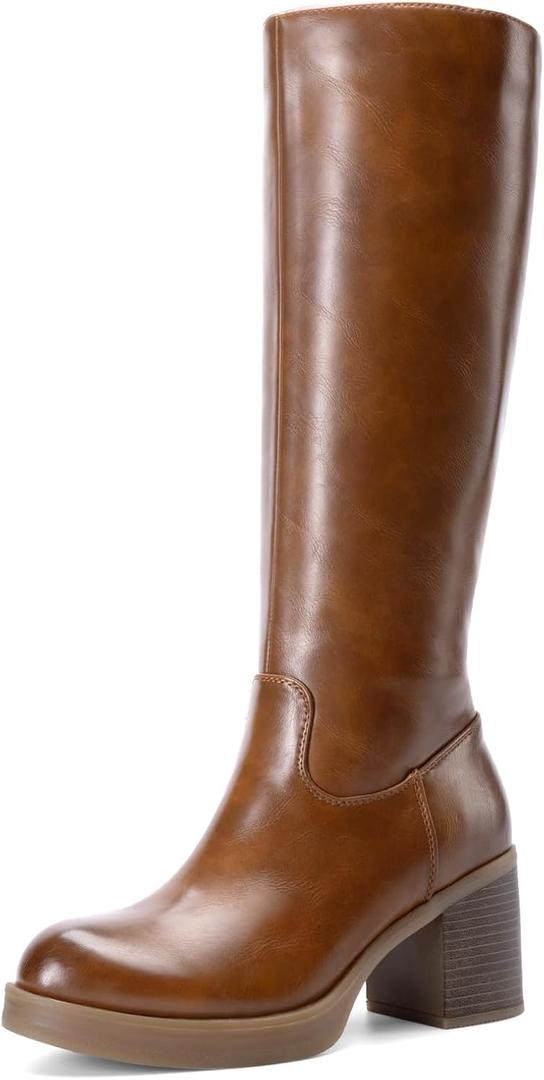 DREAM PAIRS Women's Knee High Boots Chunky Platform Heel Round Toe Boots for Women Side Zipper Stylish Comfortable Tall Boots (9.5, Brown)