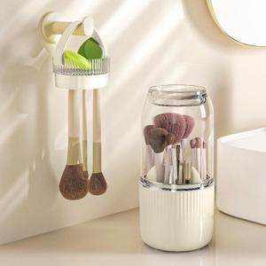 Makeup Brush Holder with Cleaner 360 Rotating Clear Dustproof Cosmetic Organizers with Lid for Vanity