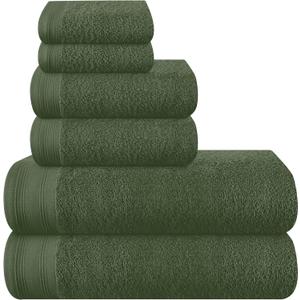 Ultra Soft 6 Pack Cotton Towel Set, Contains 2 Bath Towels 28x55 inch, 2 Hand Towels 16x24 inch & 2 Wash Coths 12x12 inch, Ideal Everyday use, Compact & Lightweight - Olive Green