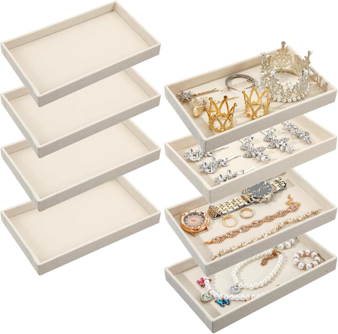 8pcs Small Velvet Jewelry Trays, Beige Stackable Jewelry Trays Drawers Organizer Inserts, Jewelry Storage Tray for Necklaces, Earrings, Rings, Bracelets, 8.3 x 4.9 x 1 Inches