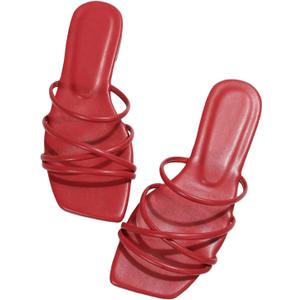 GORGLITTER Women's Strappy Flat Sandals Cute Dressy Open Toe Slip on Slide Sandals (9, Red)