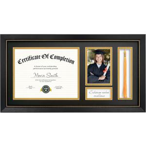 11x22 Diploma Frame with Tassel Holder, Graduate Frame for 8.5x11 Certificate Document and 4x6 Photo, Linen Texture Black over Gold Double Mats, HD Real Glass, Black with Gold Beads Embossing