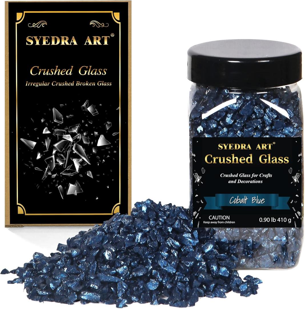 Syedra Crushed Glass for Crafts, Glitter Crushed High Luster Chips, Broken Glass Pieces, 3-6mm, 410G (Cobalt Blue)