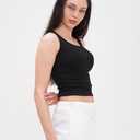 Women's Sleeveless Full Length Ribbed Fitted Racerback Workout Crew High Neck Basic Black Tank Top - (Black,S)