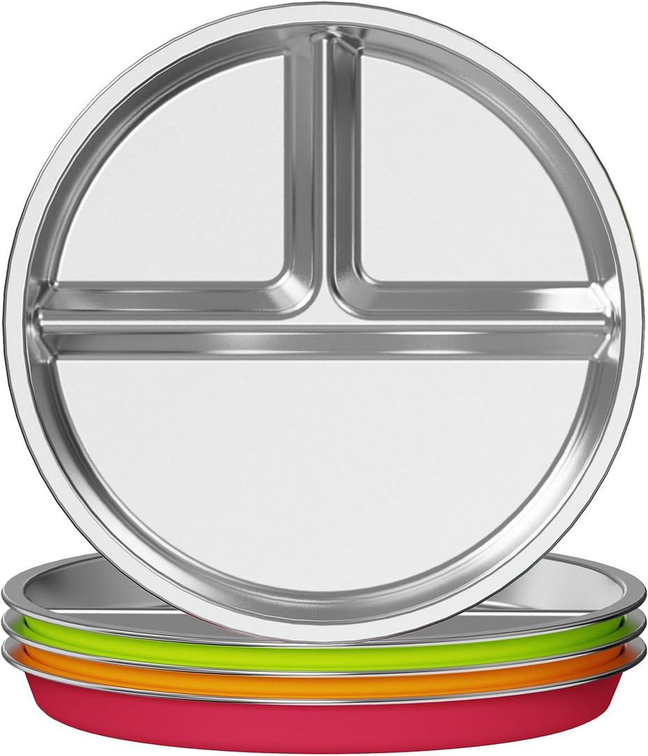 Jayour Kids Stainless Steel Divided Plates with Anti-Slip Silicone Sleeves | Dishwasher Safe | Perfect for Toddlers & Kids - Set of 4