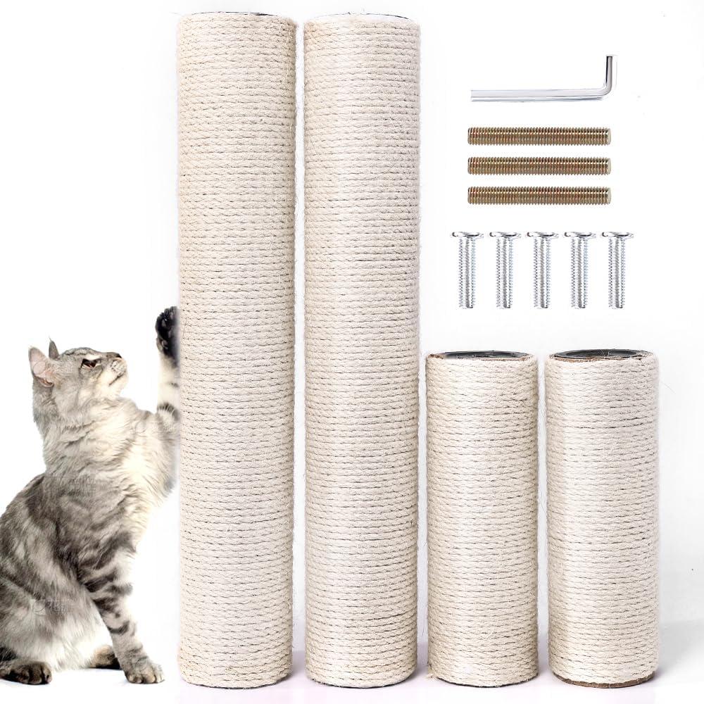 OSPNIEEK 4 PCS M8 Cat Scratching Post Replacement, 15.7 7.9" Natural Sisal Rope Kitten Tree Scratcher Refill with Screws, DIY Hemp Scratch Pole Parts for Indoor Cats Tower Refurbishment Accessories