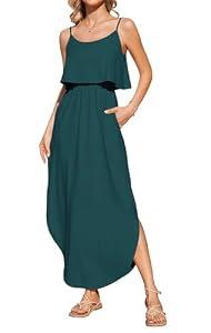 AUSELILY Womens Summer Dresses 2025 Adjustable Strappy Beach Sundress Casual Midi Dress with Pockets, Dark Green XS
