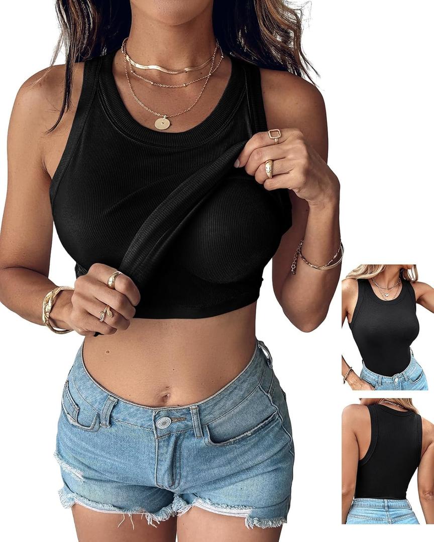 CHICME Women Built-in Bra Tank Tops Sleeveless Casual Shirts Racerback Ribbed Fitted Tank Tops (Black, L)