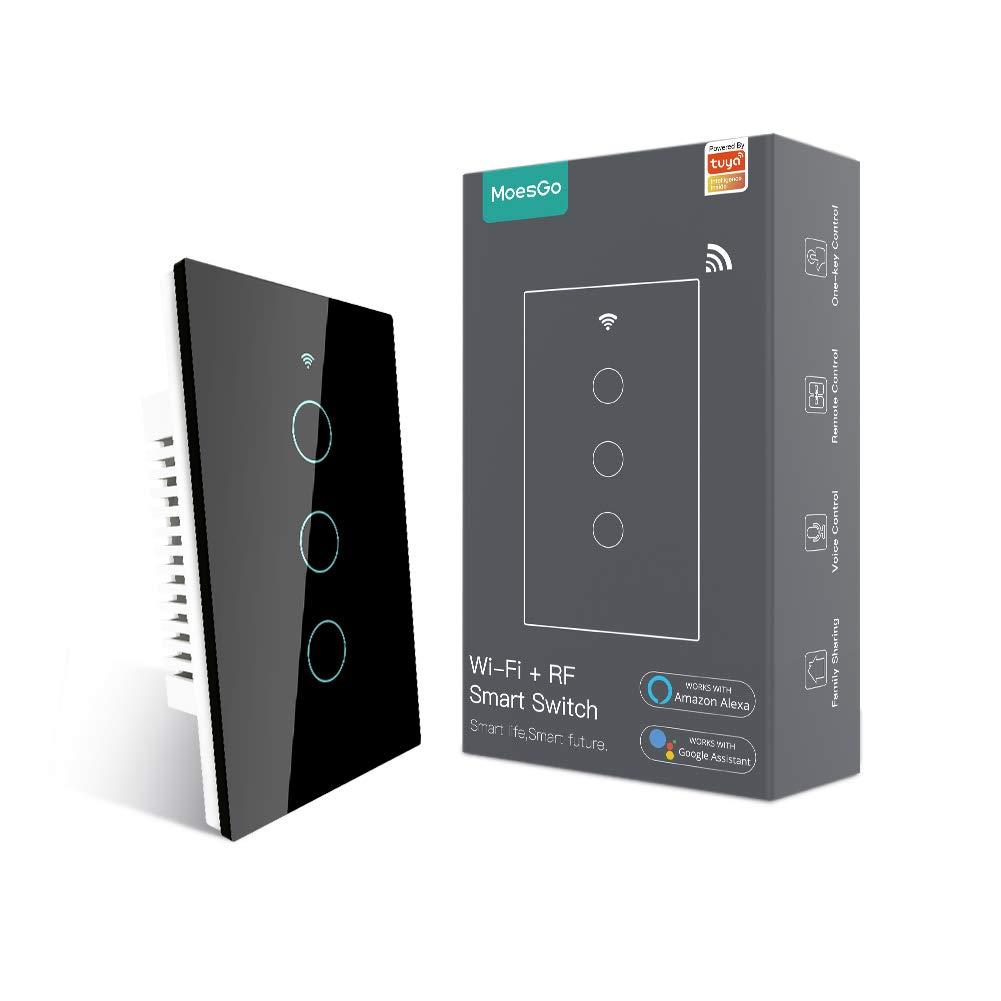 MoesGo WiFi Smart Wall Light Switch,Glass Panel, Multi-Control(3 Way), 2.4GHz Wi-Fi Touch Switches, Neutral Wire Required, Remote Control Smart Life/Tuya App, Work with Alexa, Google Home Black 3 Gang