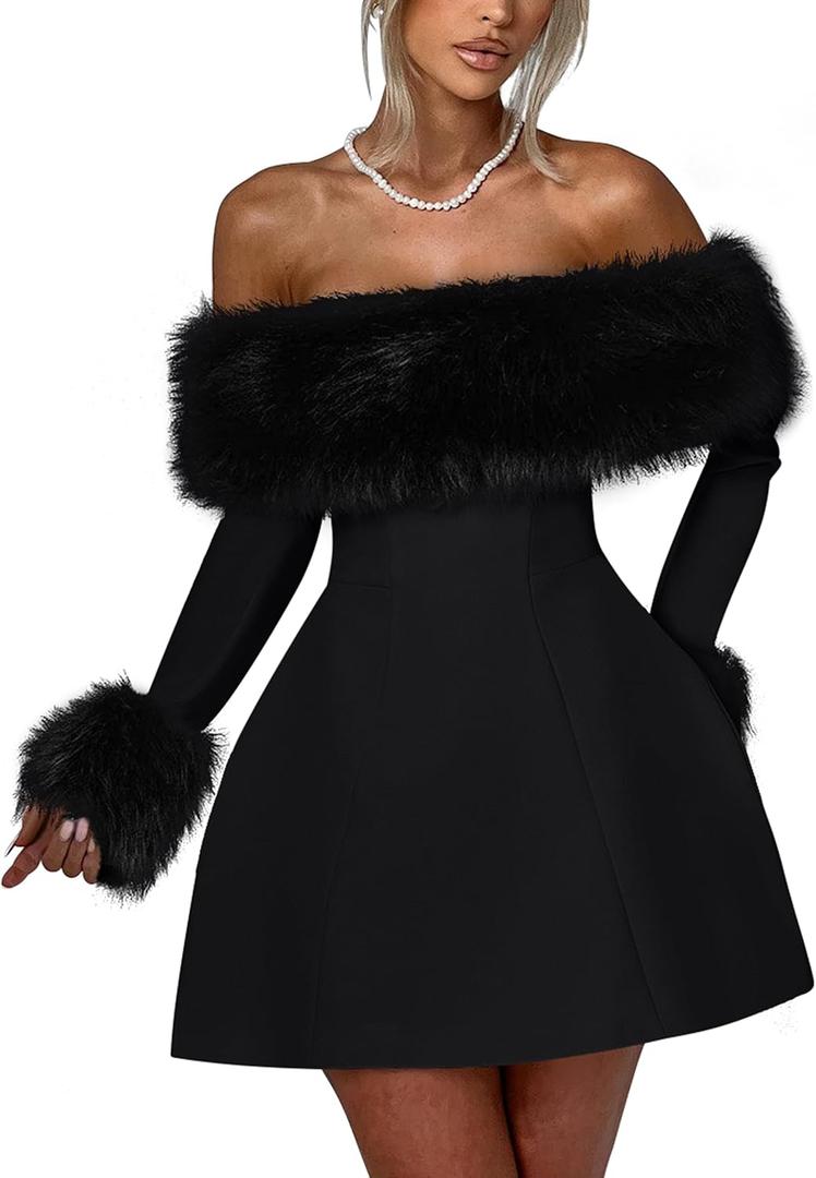 YMDUCH Women's Off Shoulder Long Sleeve Fur Trim A-Line Party Club Mini Dress, XL