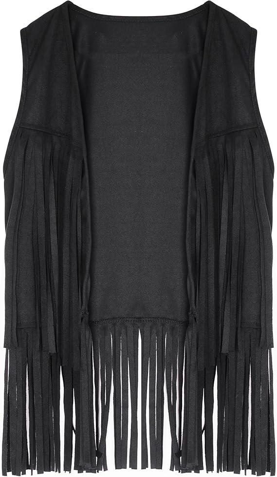 Womens Tassel Fringe Vest Sleeveless Western Cowgirl Vest 70s Costume Tops Hippie Jacket for Halloween M