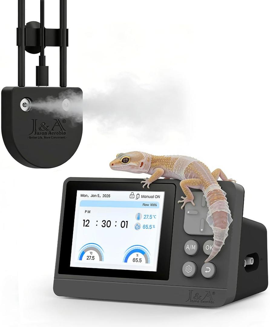 J&A Reptile Fogger, Automatic Mister for Reptile Tank & Terrarium Humidifier with Temp & Humidity Probe, Ideal for Amphibians, Paludarium, Vivarium (Grey & Black, New-Gen)