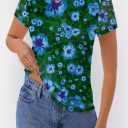 MEROKEETY Women's 2025 Summer Spring Casual Short Sleeve T Shirt Trendy Sheer Mesh Boho Vacation Floral Blouse Tops (M)