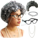 Vibe Old Lady wig Costume Set, Gray Hair Granny Wig with Pearl Necklace, Glasses, Glass Chain Accessories, 5 pieces Total