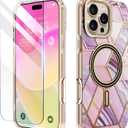 3 x MATEPROX Magnetic Marble Compatible with iPhone 16 Pro Case 6.3'' [2024],Stylish 3D Pattern Protective Phone Cases [Compatible with MagSafe] with Screen Protector Lanyard-Marble Purple