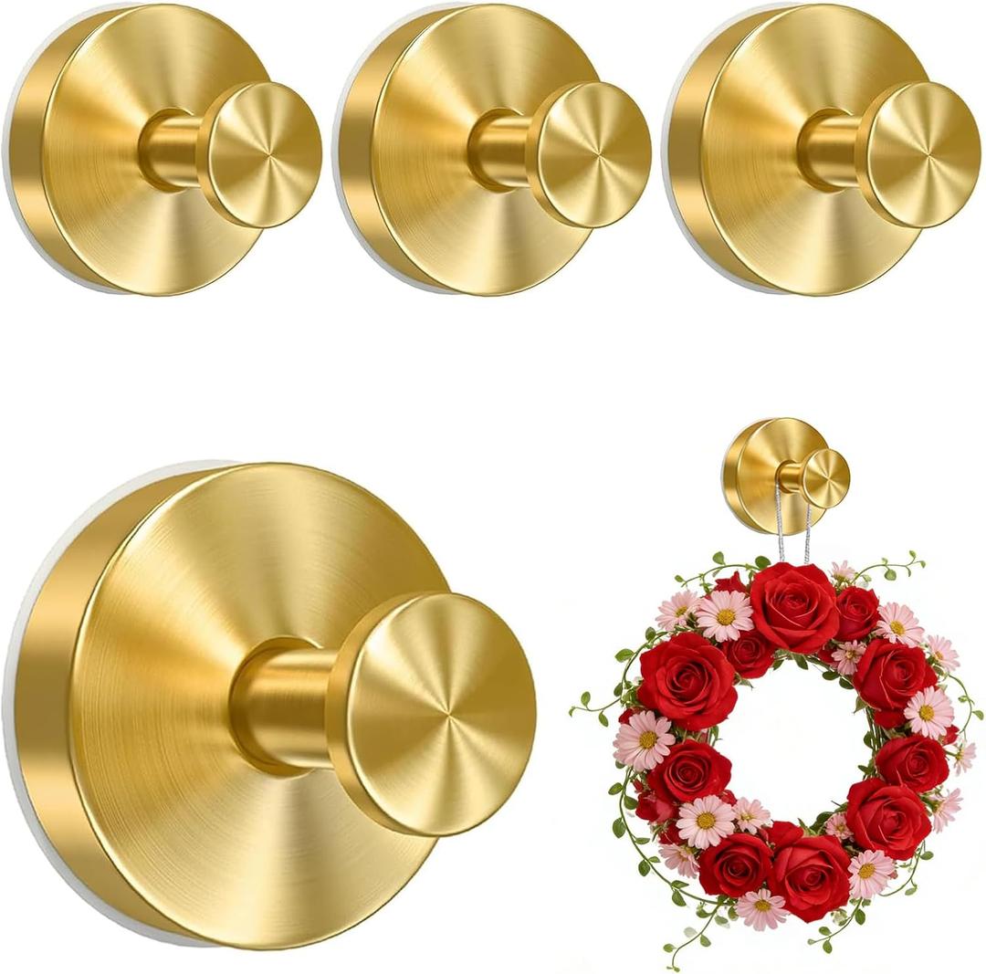 4 Pcs Valentine's Day Wreath Hangers for Front Door, Garland Hanger for Door Frame, New No Drill Suction Cup Hooks for Door Wreaths, Reusable Holder for Glass Window Door Valentine's Day Wedding(Gold)