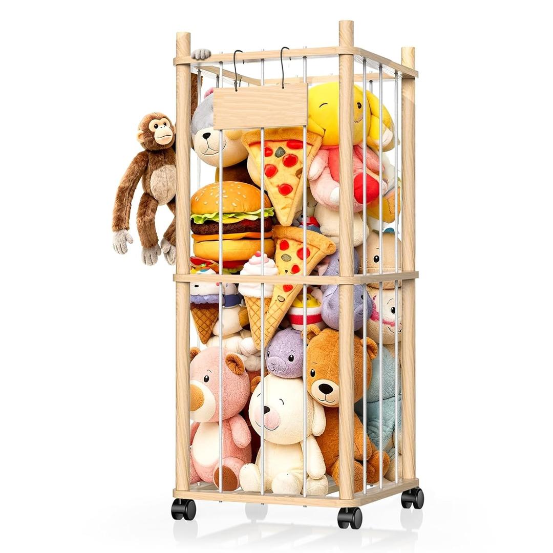 Stuffed Animal Storage Organizer, Wooden Plushies Toy Zoo Holder with Wheels, Large Capacity Storage Tower for Toys, Mobile Toy Holder Cage for Kids Playroom, Nursery, Toddler Room, 2 Tier, Wooden