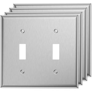 Double Light Switch Cover Metal Wall Plates Toggle Switch Plate Covers 2 Gang Stainless Steel Switch Faceplate, 4-Pack