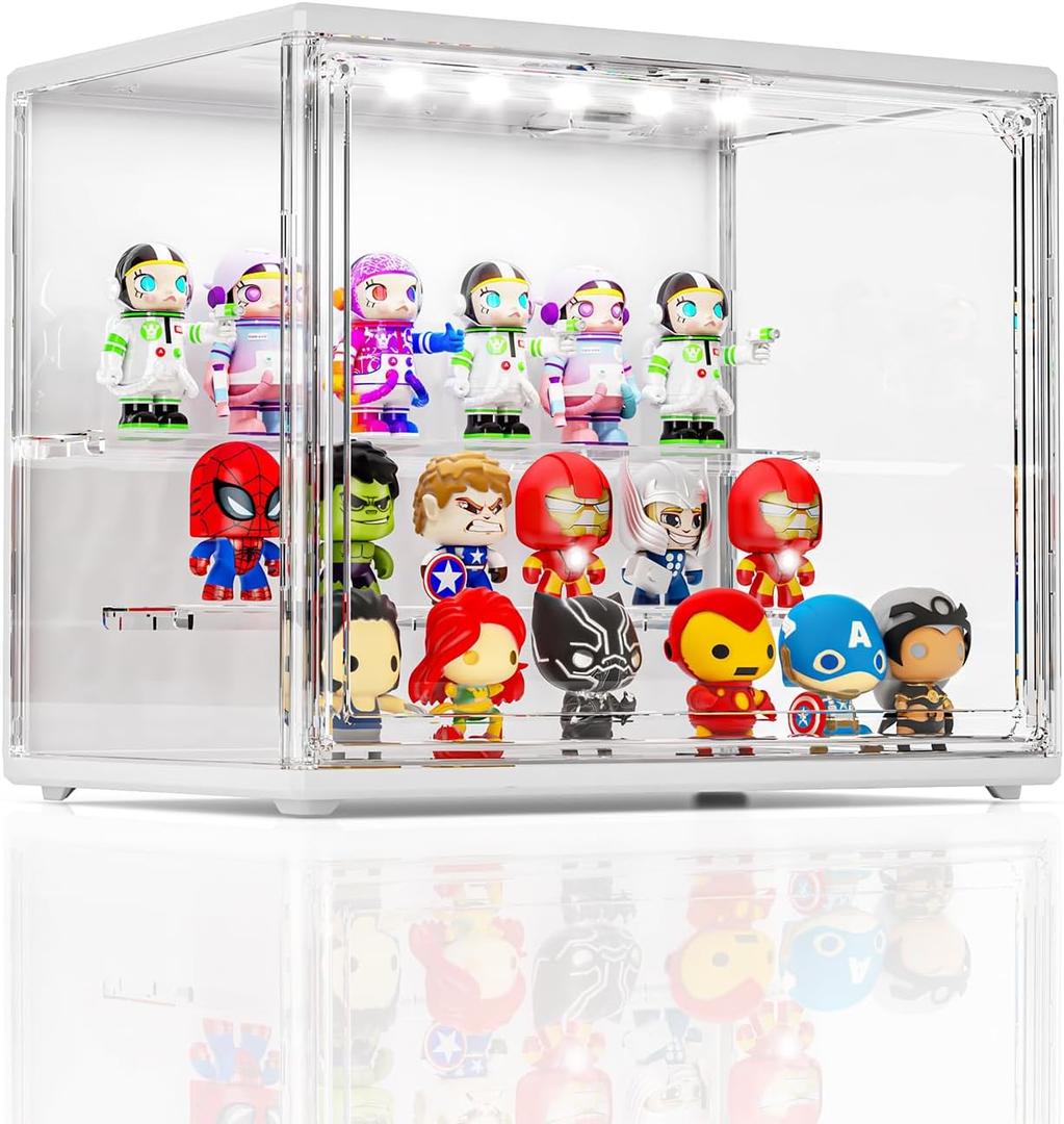 Acrylic Display Case for Collectibles with LED Light, 3 Layer Adjustable Figure Display Case with Magnetic Door, Lighted Display Box Stackable Clear Blind Box for Action Figure, Popmart, 1 Pack