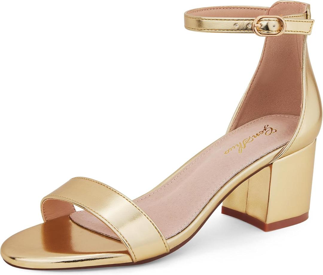 GENSHUO Women's Low Block Heel Sandals Strappy Open Toe Dress Heels Comfortable Sexy Cute Ankle Strap Wedding Party Prom Summer Heeled Shoes (9, Faux Leather Gold)