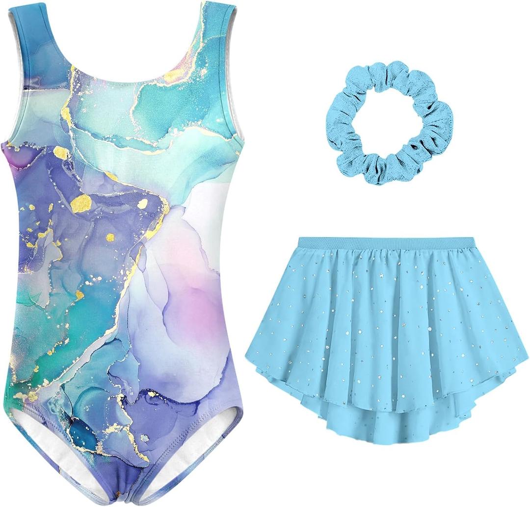 Idgreatim Girls Gymnastics Outfit 6T 7T Sparkly Tie Dye Tumbling Leotards Crisscross Back 3 Piece Set Dance Dress with Removable Skirt