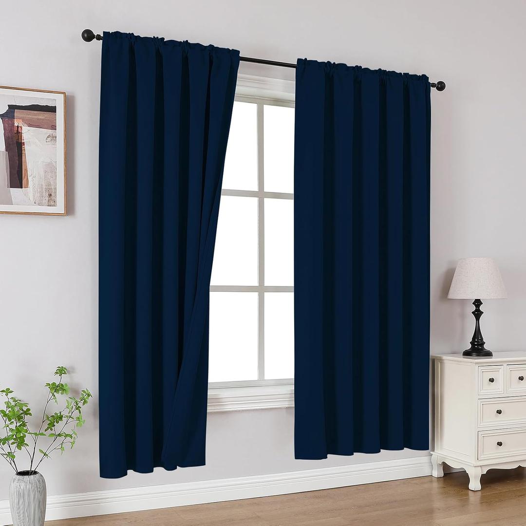 CUCRAF Navy Blue Blackout Curtains 63 Inches, Thermal Insulated Noise Reducing Rod Pocket Dark Blue Window Drapes for Bedroom & Living Room(52x63 Inch, 2 Panels)