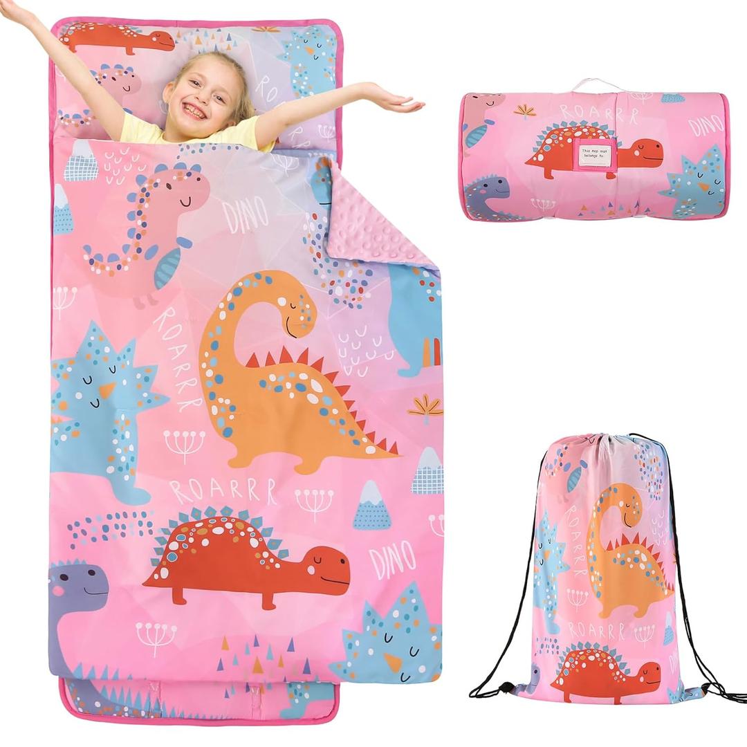 Wowelife Dinosaur Nap Mats for Daycare, Pink Toddler Sleeping Bag Girls, Toddler Nap Mat with Pillow, Minky Blanket and Matching Bag as Backpack for Daycare, Kindergarten, Sleepovers,Pink