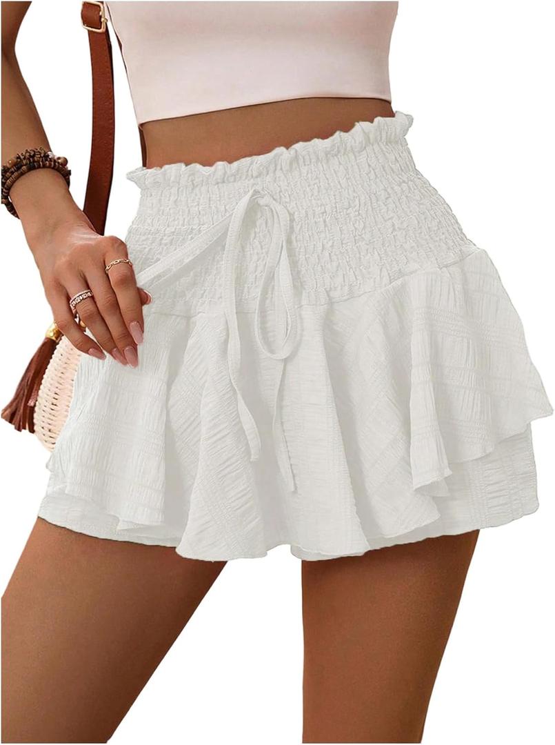 Floerns Women's Summer Mini Skorts Tie Front High Waist Smocked Ruffle Hem Cute Skirt Shorts (Medium, White)