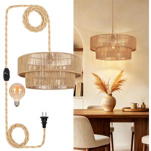 17.7" Plug In Boho Rattan Pendant Light with 16.4FT Dimmable Hemp Rope Cord, Hand Woven Drum Pendant Lights Kitchen Island, Farmhouse Hanging Lamp for Dining Room Bedroom Living Room (Bulb Included)