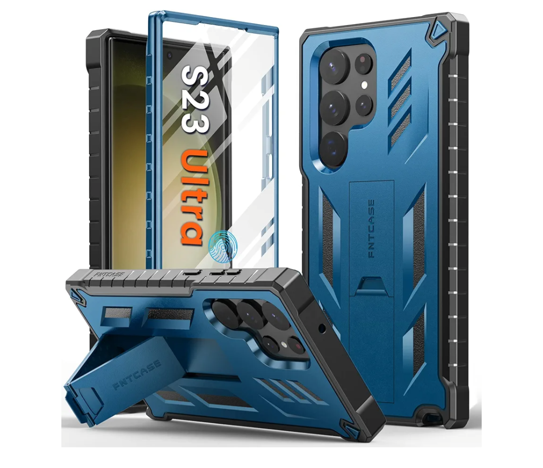 FNTCASE for Samsung Galaxy S23-Ultra Case: Military Grade Drop Proof Protection Mobile Cover with Kickstand | Matte Textured Rugged Shockproof TPU | Protective Sturdy Phone Case - Blue