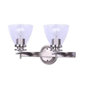 New Yorker 2 Light Wall Vanity Fixture Brushed Nickel Finish with Clear Glass Shades Damp Rated Up or Down Wall Mount