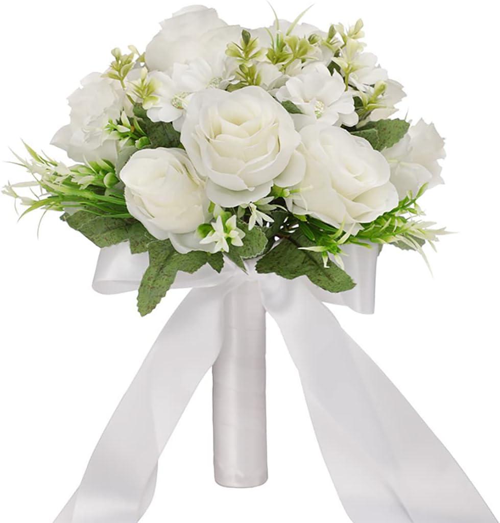 CYANLUX Wedding Bouquets for Bride Bridesmaid Bouquet Champagne White Artificial Roses Flowers for Wedding Valentine's Day Church Home Decoration (White)