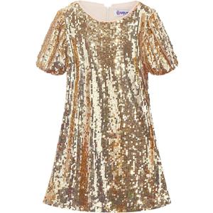 WELAKEN Girls Ombre Sequin Dress Sparkly Fancy Short Puff Sleeves Gradient Party Dress (12 Years, Gold)