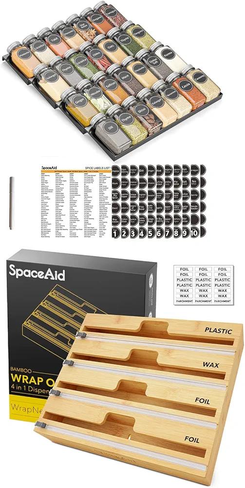 SpaceAid Spice Drawer Organizer with 28 Glass Jars, 4-Tier Tray, and Dispenser