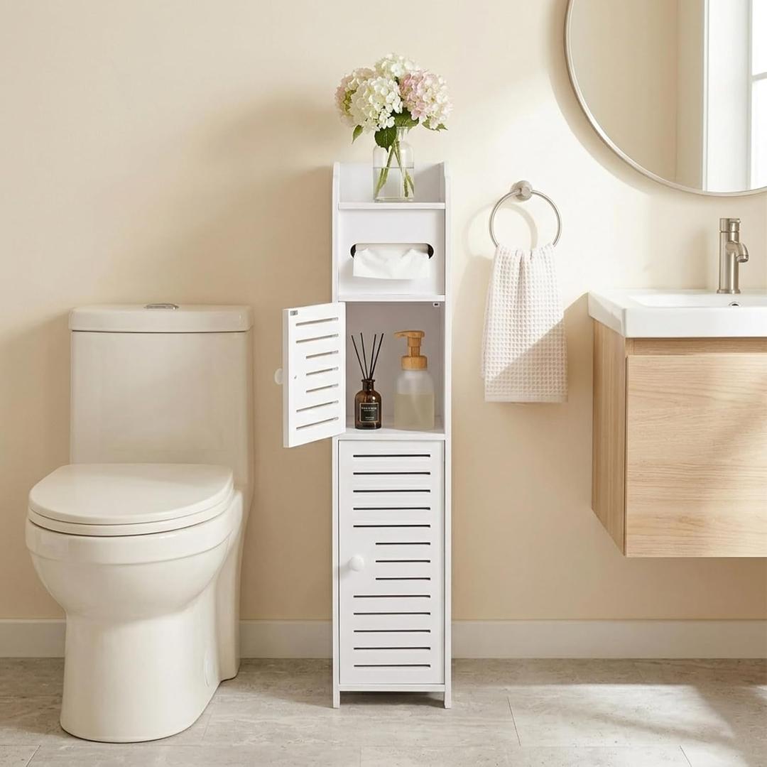 ShellKingdom Toilet Paper Holder Stand, Small Bathroom Storage Cabinet with Doors, Over The Toilet Slim Storage Cabinet for Small Spaces Corner Floor, 31.5x6.7x6.1inch - White