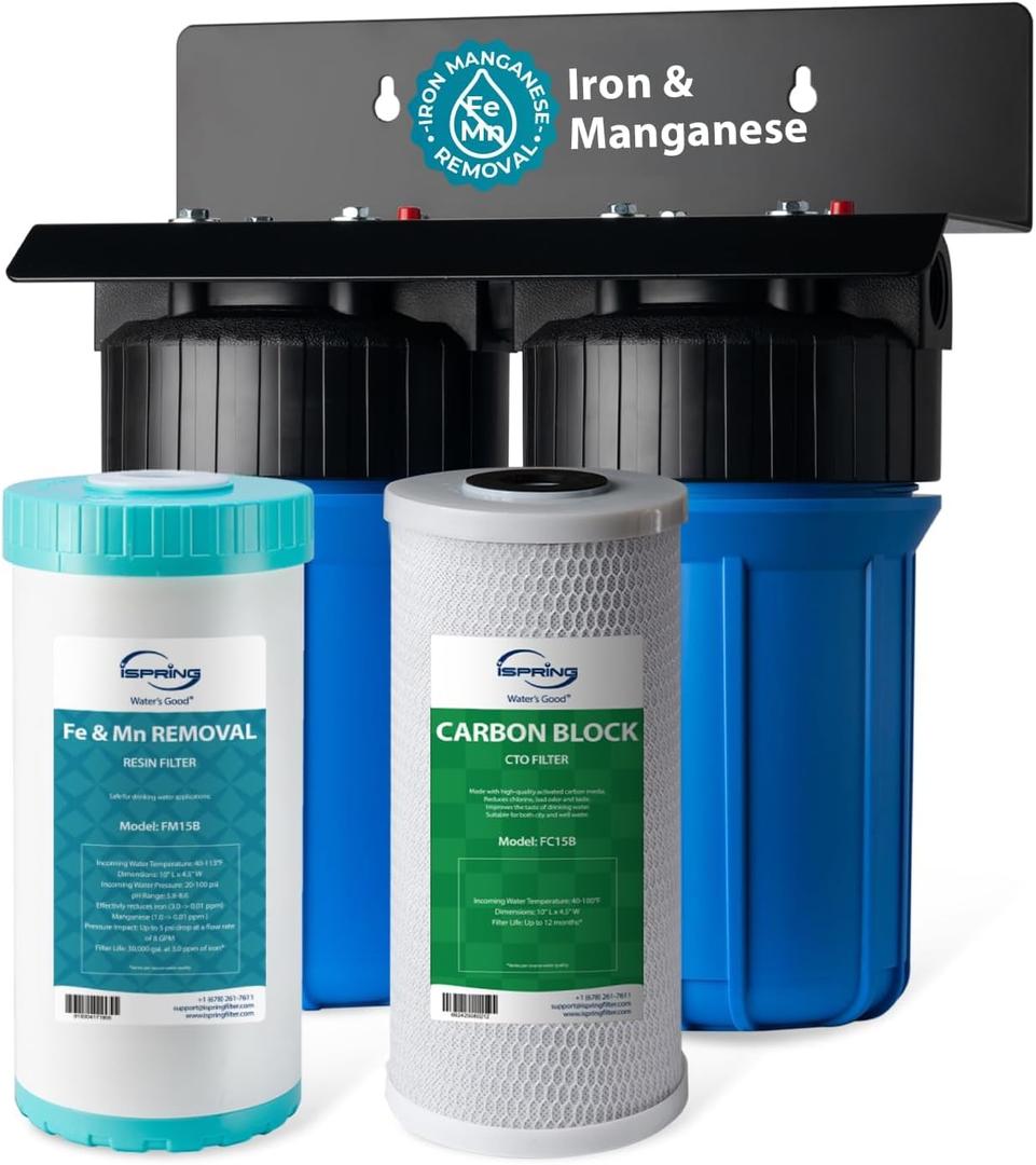 iSpring WGB21BM 2-Stage Whole House Water Filtration System, 10 x 4.5 Carbon Block and Iron & Manganese Reducing Filters, 1" Ports