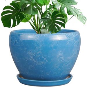 10 Inch Planter Pot - Ceramic Pots for Plants with Drainage Hole and Saucer, Round Large Flower Pot for Indoor Plants, Blue
