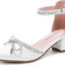 LAURMOSA Girls Sandals Closed Toe High Heels Pointed Toe Ankle Strap Pumps Flower Girl Dressy Shoes in Wedding Party Cute Bowknot Chunky Block Heeled for Little Big Kids,1 Big Kid