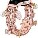 Stylish Metal Band Compatible with Samsung Galaxy Watch 7 Band/FE 6 5 4 40mm 44mm,Galaxy Active 2, 20mm Watch Strap Pretty Chain with Cute Decorative Charms Accessories for Samsung Watch Bands Women (RoseGoldPink Band/Cross)