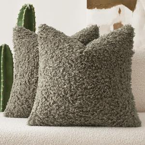 EMEMA Pack of 2 Teddy Faux Fur Throw Pillow Covers 20x20 Inch Soft Fuzzy Sherpa Sheepskin Decorative Cushion Cases Cozy Boucle Fleece for Couch Bed Boho Living Room Decor Olive Green